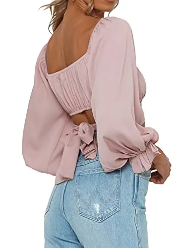 Women's Cute Off Shoulder Long Sleeve Self Tie Knot Crop Tube Top Blouse White Medium