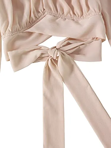 Women's Cute Off Shoulder Long Sleeve Self Tie Knot Crop Tube Top Blouse White Medium