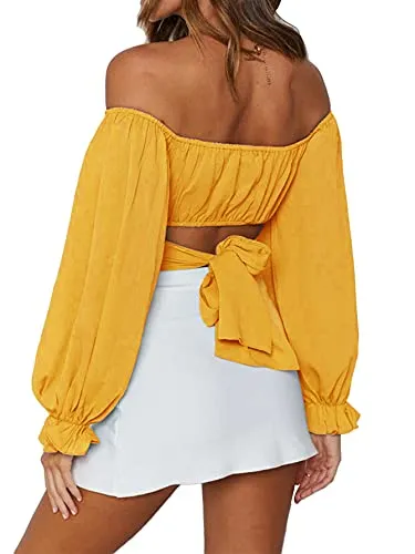 Women's Cute Off Shoulder Long Sleeve Self Tie Knot Crop Tube Top Blouse White Medium