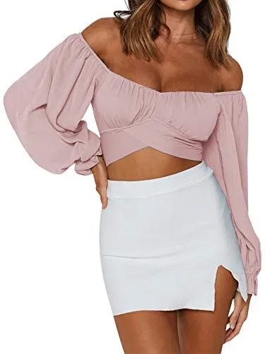Women's Cute Off Shoulder Long Sleeve Self Tie Knot Crop Tube Top Blouse White Medium