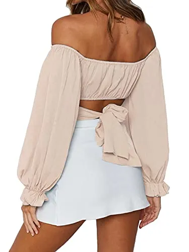 Women's Cute Off Shoulder Long Sleeve Self Tie Knot Crop Tube Top Blouse White Medium