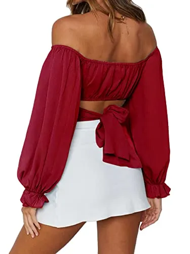 Women's Cute Off Shoulder Long Sleeve Self Tie Knot Crop Tube Top Blouse White Medium