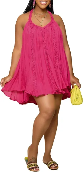 Womens Sexy Summer Dresses Halter Neck Plus Size Long Maxi Dress Casual Floral Beach Sun Dresses with Pockets